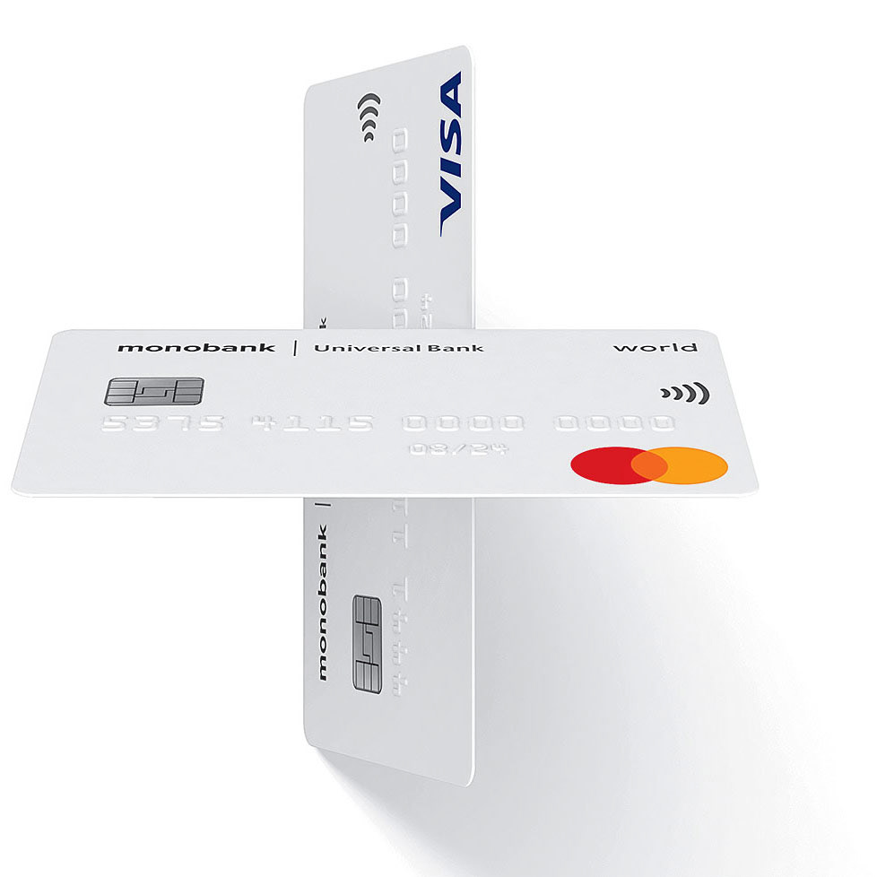 The debit card, the white monobank card. 3D layout of the VISA and Mastercard cards. 
