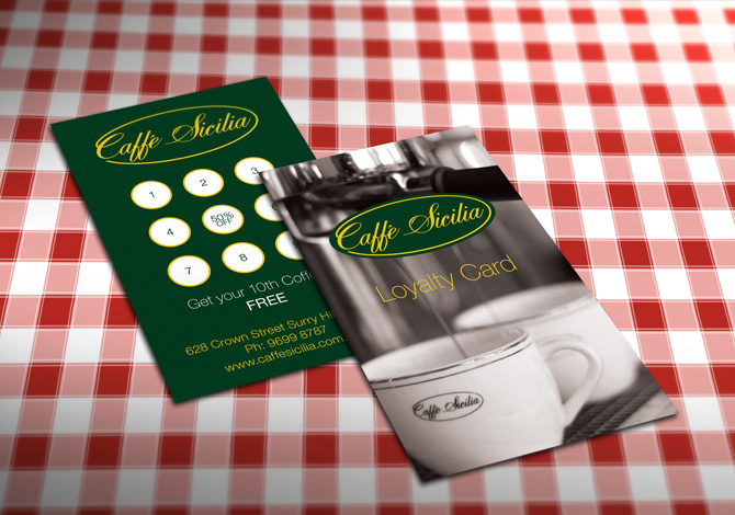 cafe cafe sicilia resturant Food  big creativa logo brand Stationery business card letterhead with compliments loyalty cards Hospitality print Stationery Set Italy italian eat Brand Development identity Brand ID Logo Design Business card design Letterhead Design loyalty card design hospitality design logo insirpation
