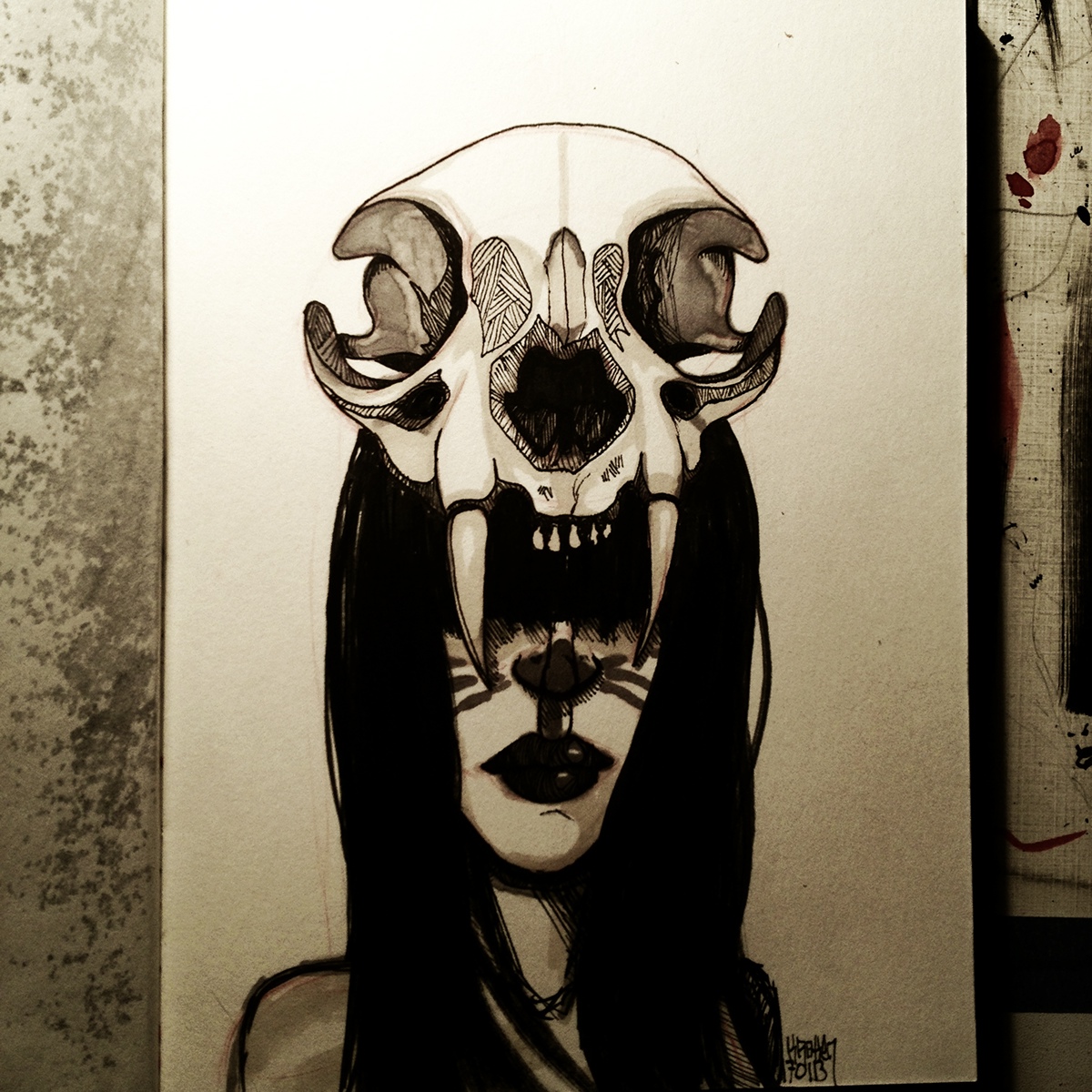 365 draws january dark woman animals skulls