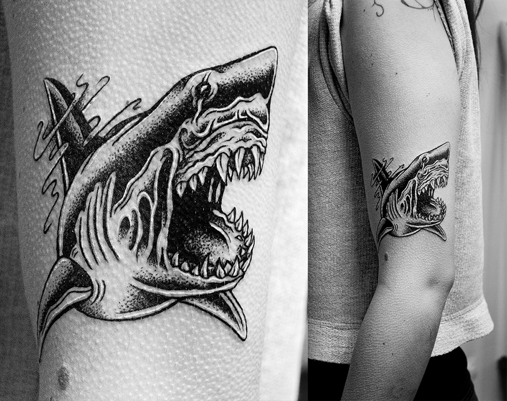 Cuke Cukeone Mikefriedrich tattoo Tattooart tattooartist tattooing ink inked blackwork berlin germany Buddha shark dotwork
