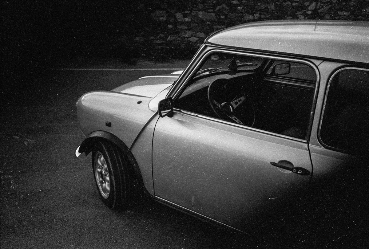 Automotive Photography classic car industrial black and white ILFORD fp4 MINI Cars ikea