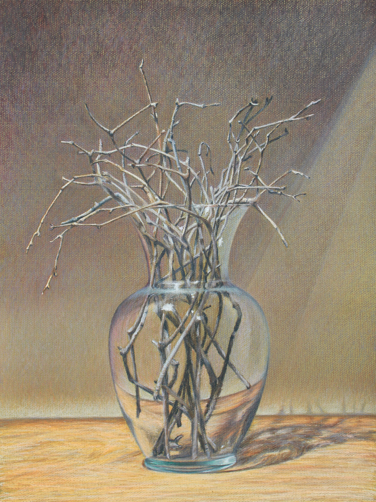 Glass vase twigs shadow still life colored pencils