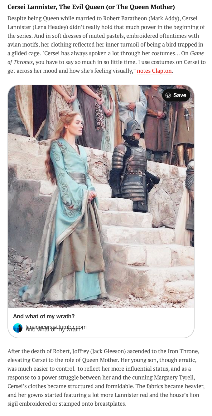 Arya Stark  Cersei Lannister Costume Design  daenerys targeryan Fashion  fashion design Fashion writing Michelle Clapton sansa stark