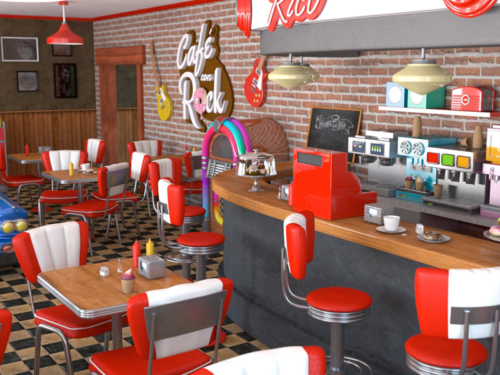 diner Retro coffe donut vray 3D jukebox coffeshop vintage Candy