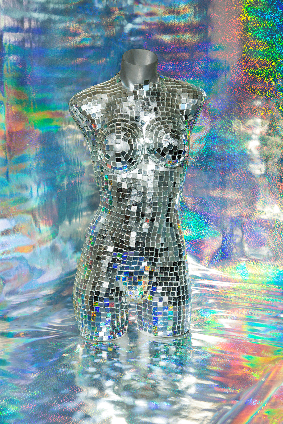 disco reflective still life rainbow mannequin disco ball