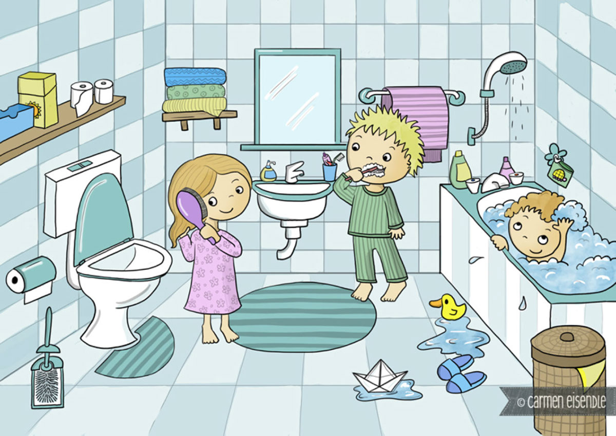 bathroom SHOWER toilet Tooth Brush bath Washing siblings ILLUSTRATION  children's book towel