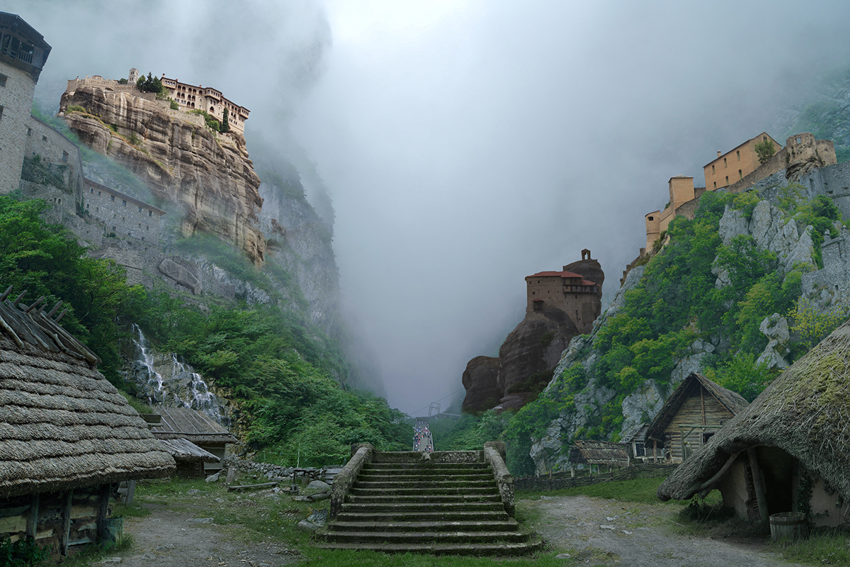 Digital Art  digital painting Matte Painting ancient town monk stairs fog