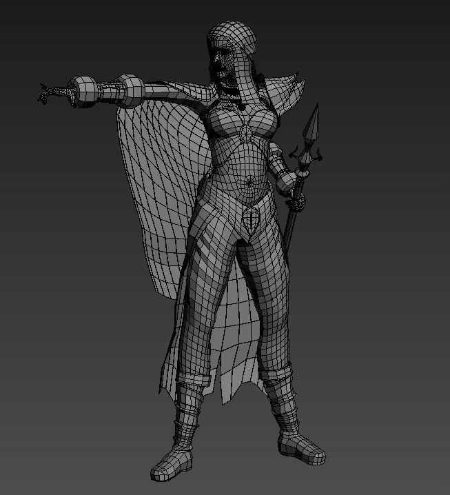 Zbrush 3ds max proxy base mesh Low Poly Modeling game warrior girl staff clothes weapons Hair sculpting
