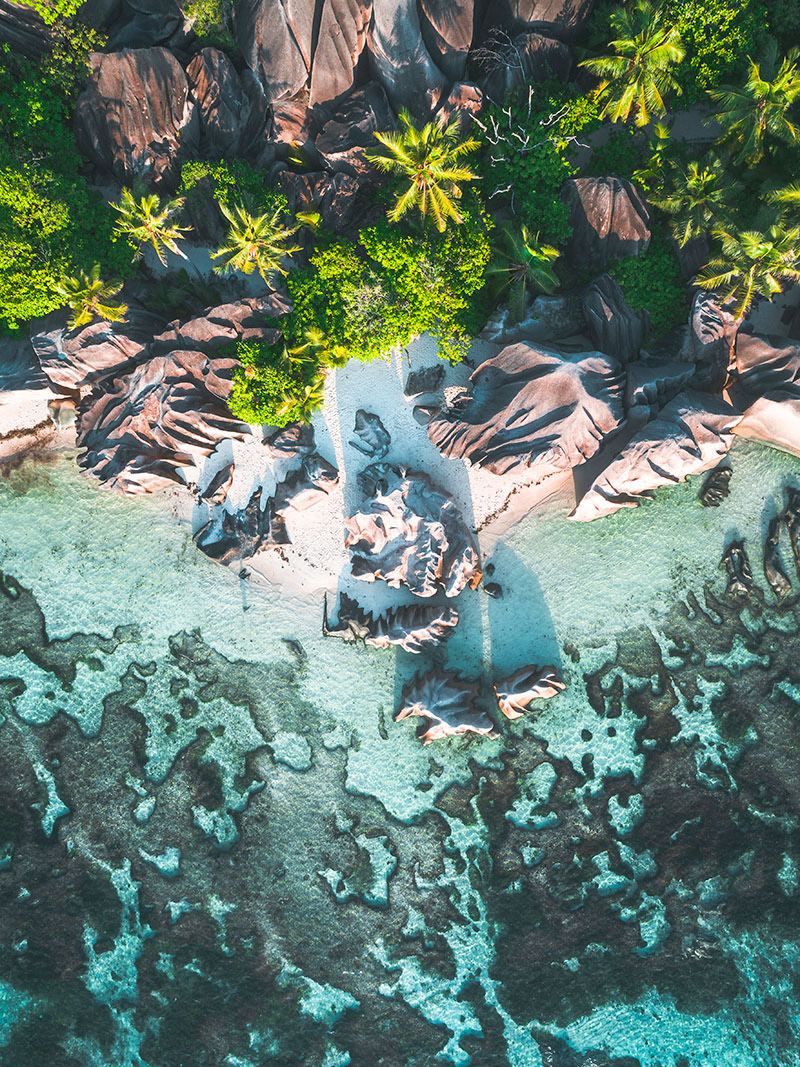 Aerial Seychelles africa drone FINEART Tropical Island coastline beach corals