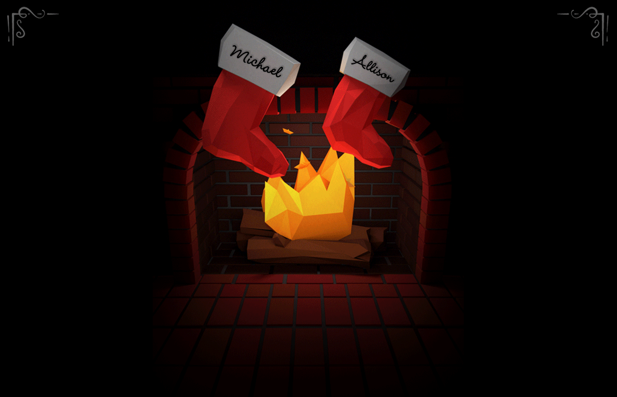 Christmas stockings fireside animation  low-poly 3D party invitation poem fireplace