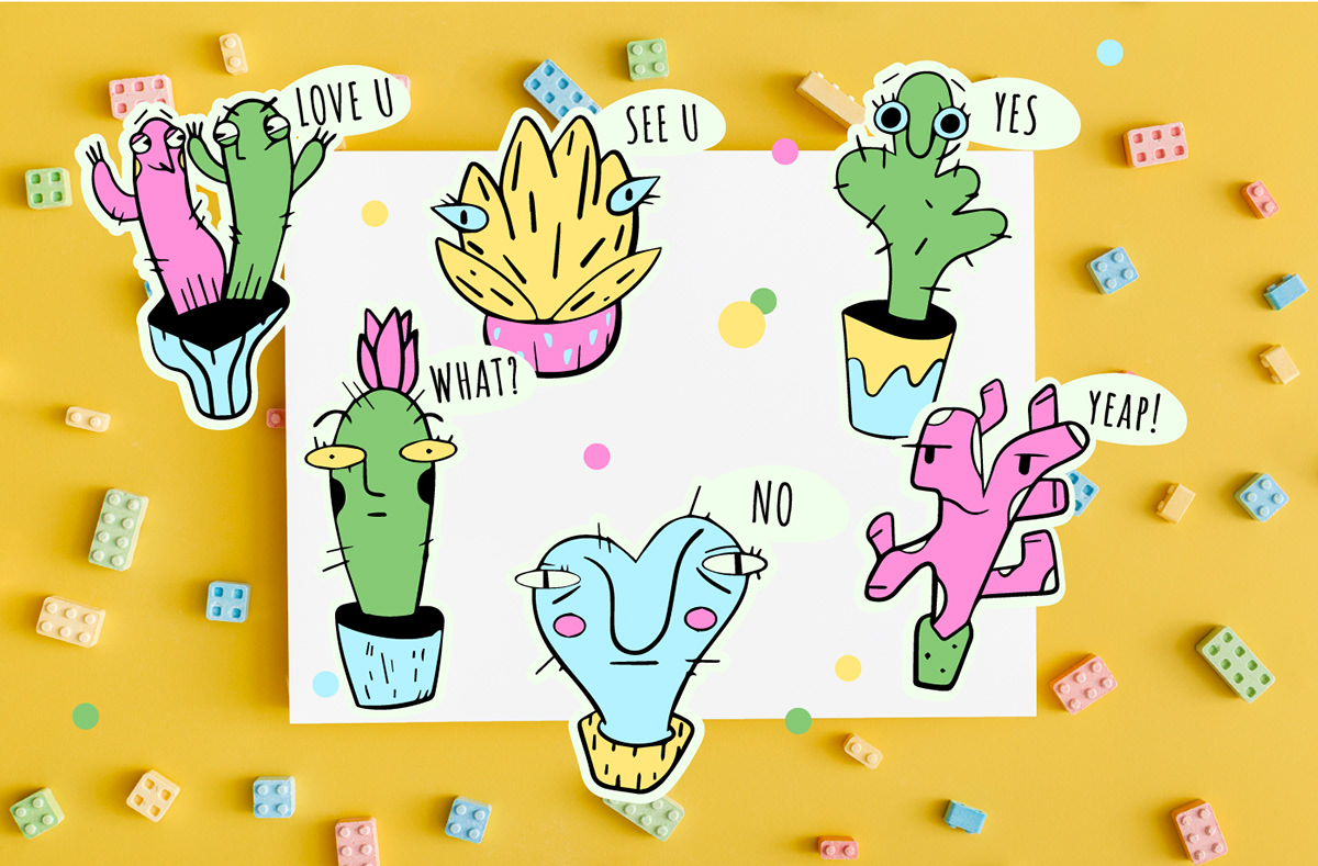 adobe illustrator bright cacti cactus cute Fun sticker pack stickers Succulents vector