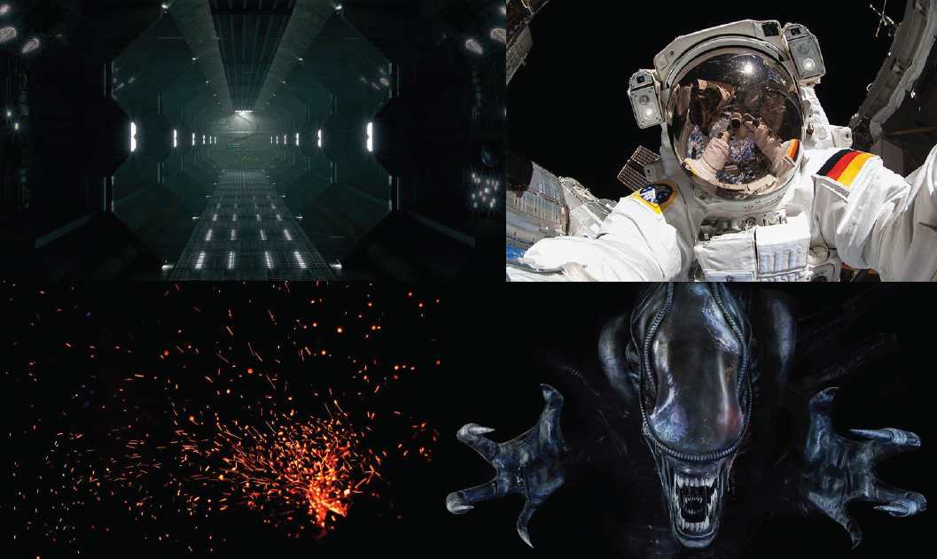 Space  alien dark spaceship corridor sparks Shadows spacesuit astronaut