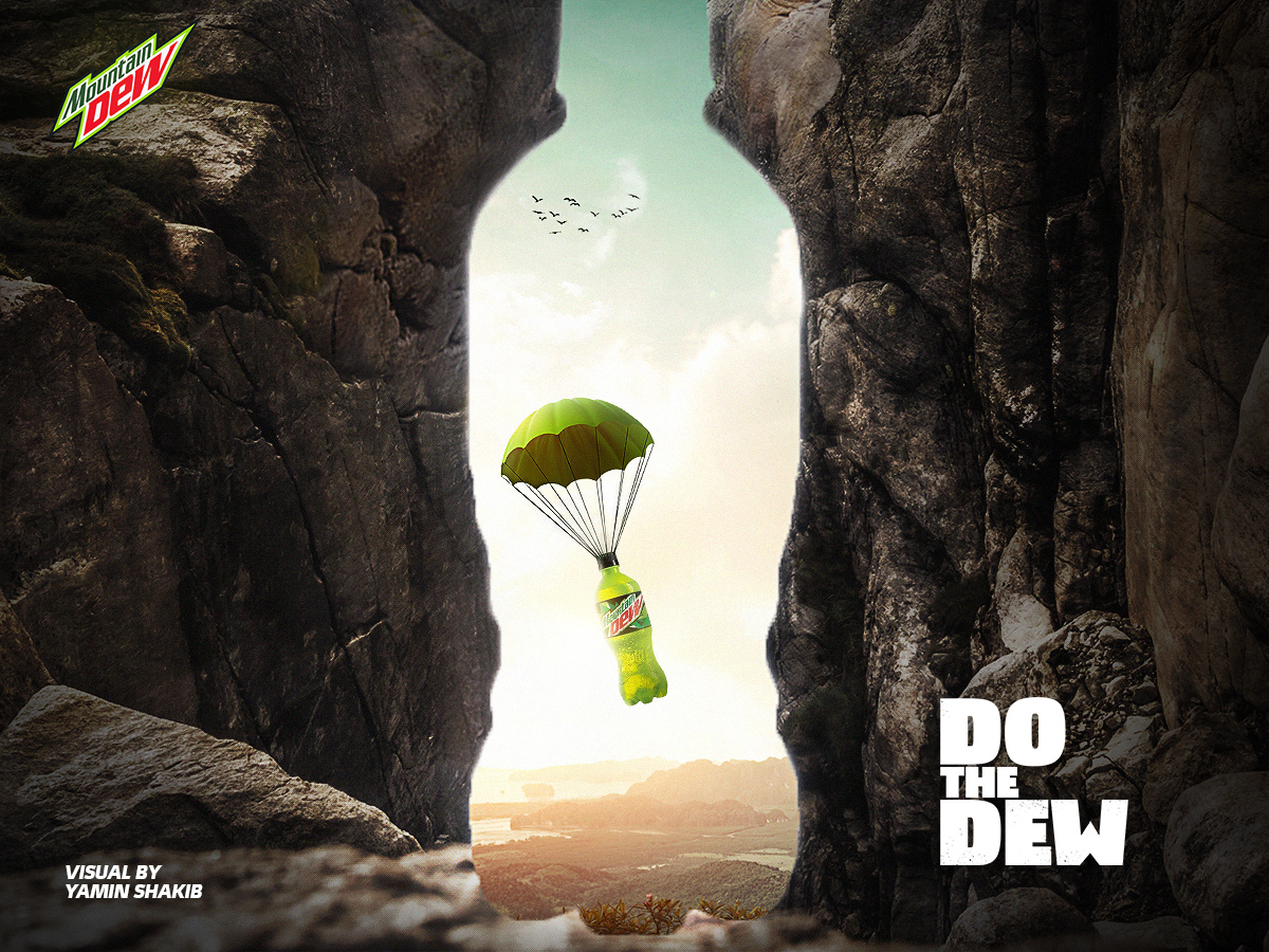 visual Graphic Designer Advertising  manipulation Mountain Dew drink Social media post concept ads design