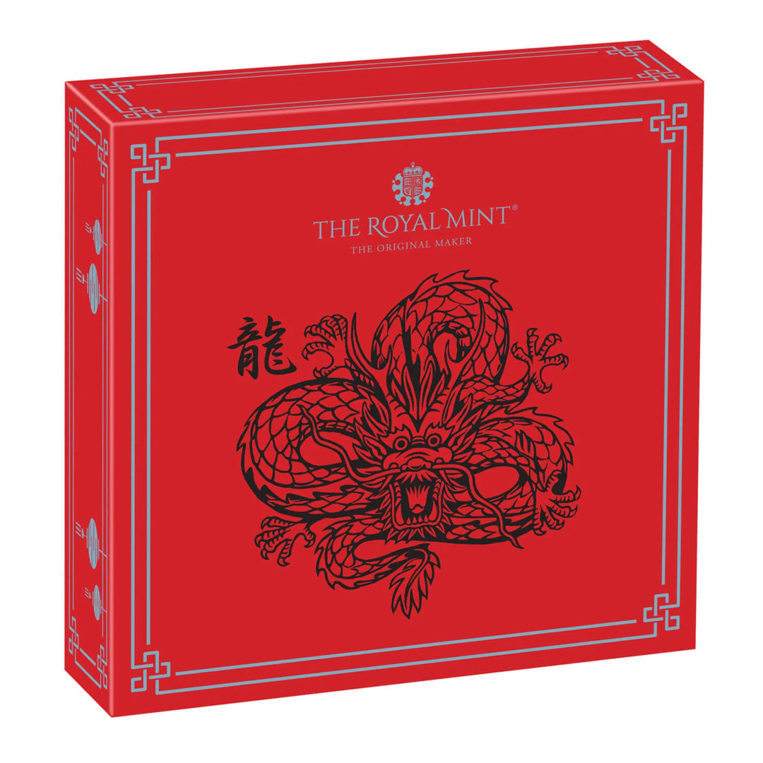 Linocut illustration of Chinese dragon on coin packaging