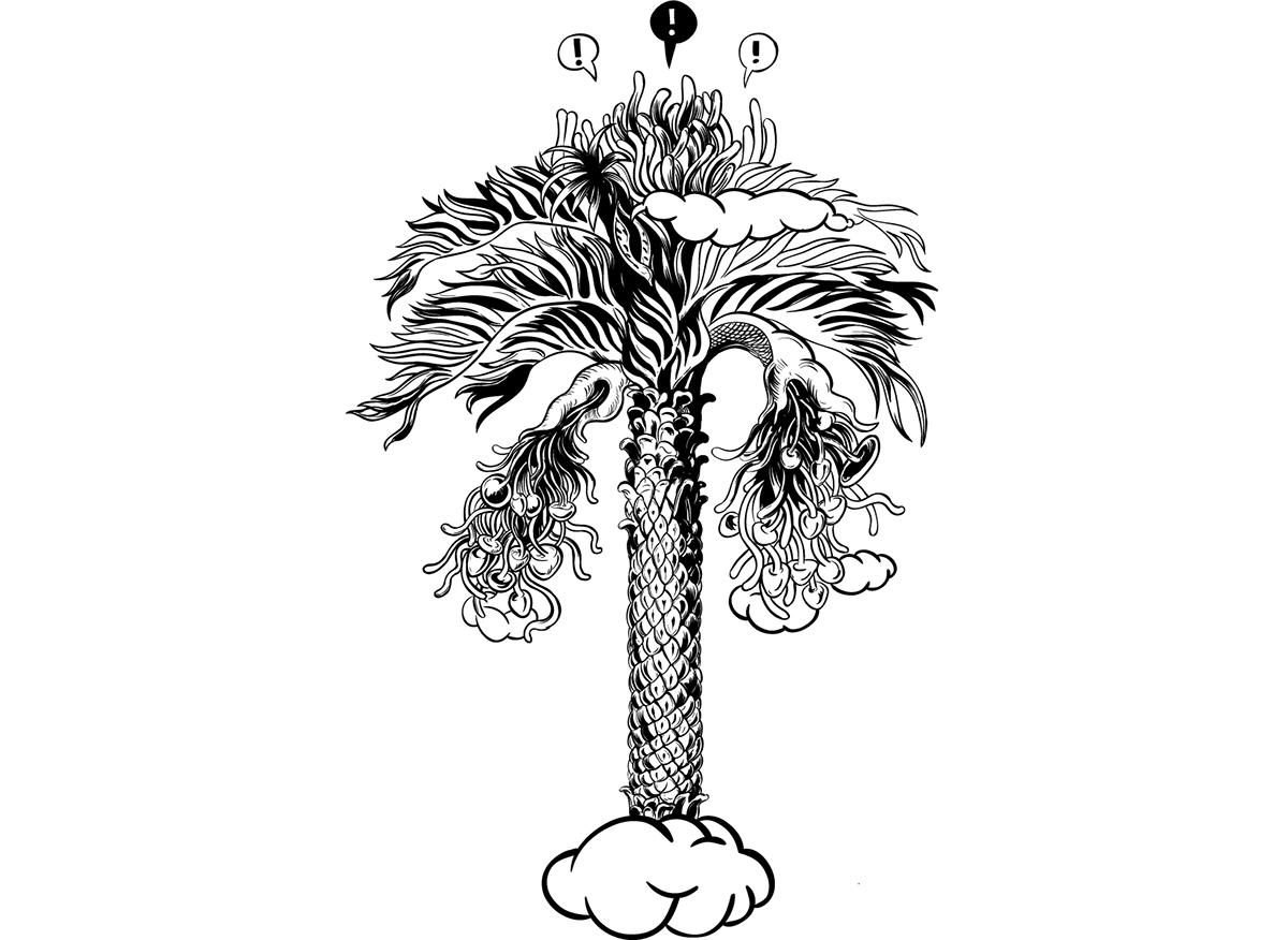 animals medieval Bestiary goat lion animal comic funny black and white grass Palm Tree