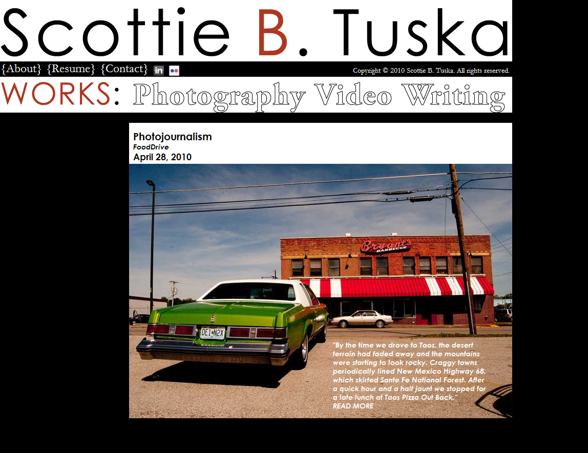 Webstie Scottie B. Tuska dark high-contrast bold Journalist photographer writer videographer