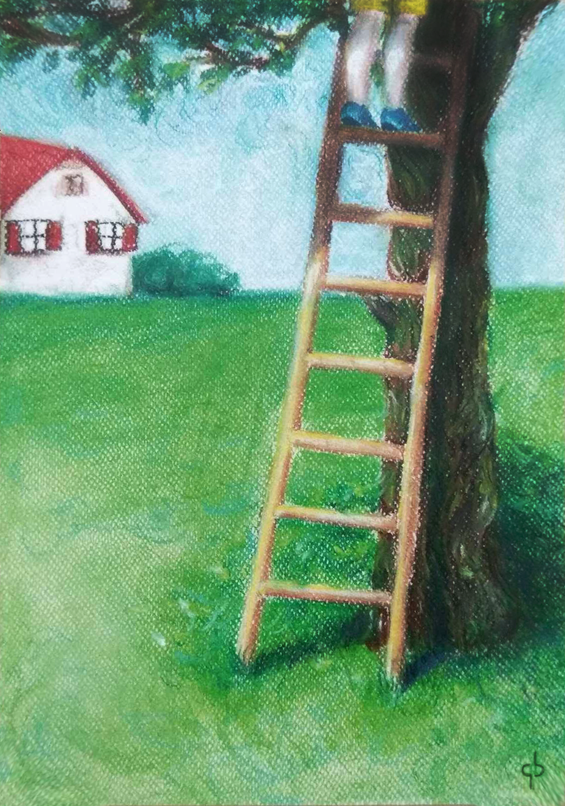 ILLUSTRATION  milowe cards village tree house ladder soft pastels