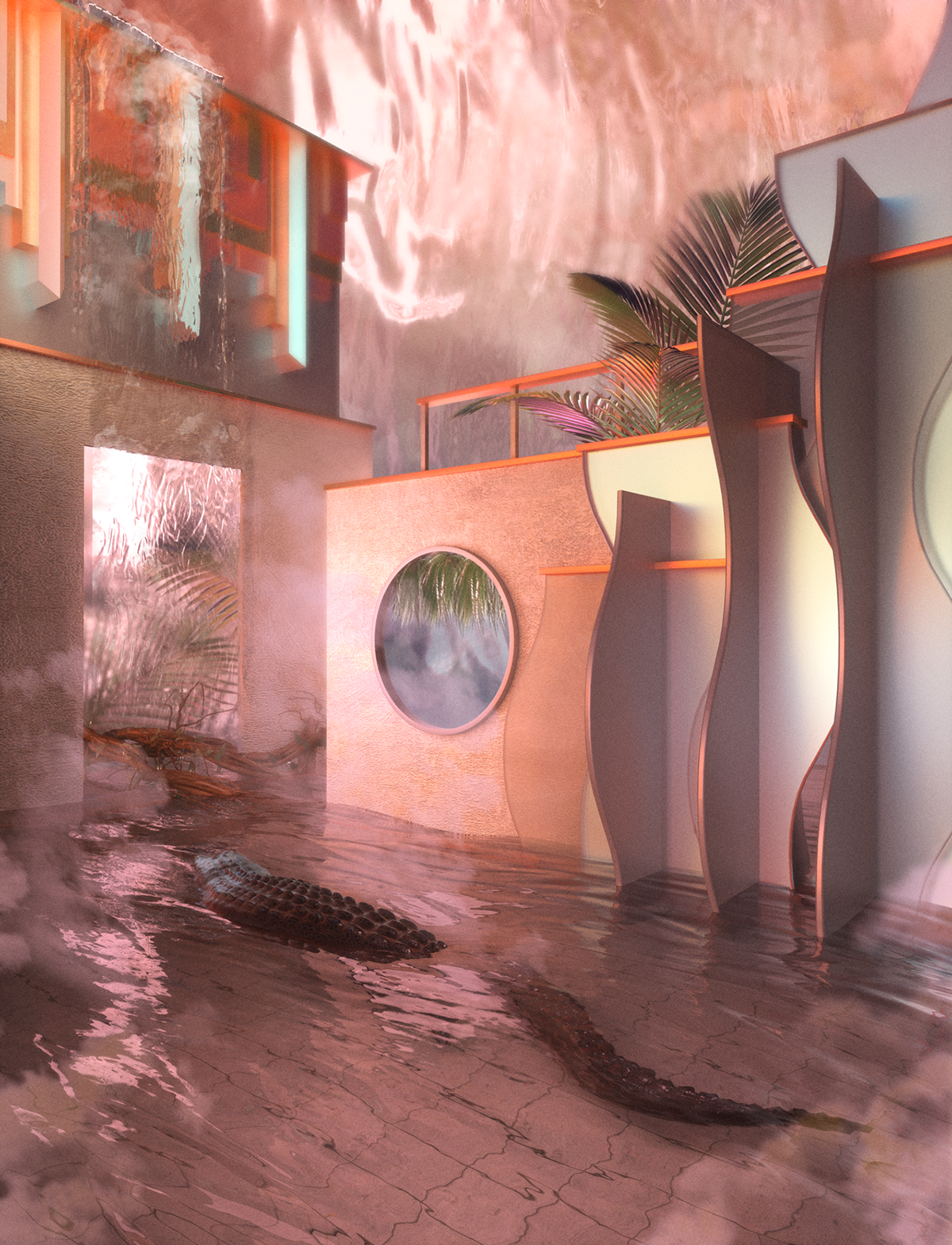 architecture digital painting Matte Painting surreal futuristic dreamscape interior design  3D pastel iridescent