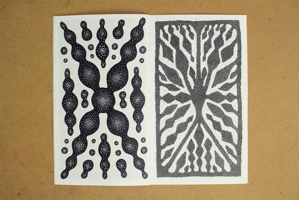 Zine  Booklet art ambigraphs black and white drawings symmetrical dark weird futuristic strange detailed detail Patterns