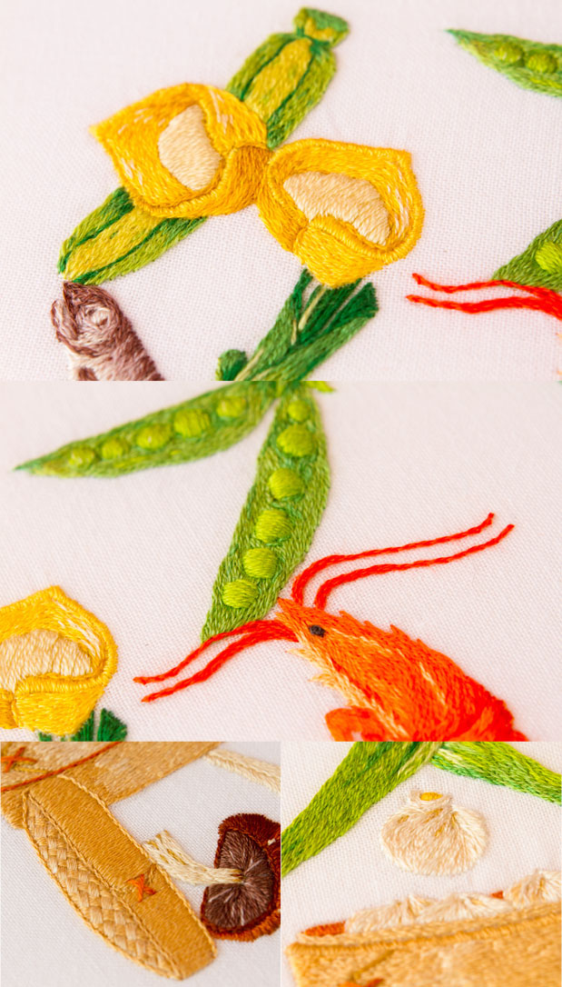 Food  Fruit vegetables fish meat Sushi pastries Embroidery Needlework thread cotton fabric tactile textile texture