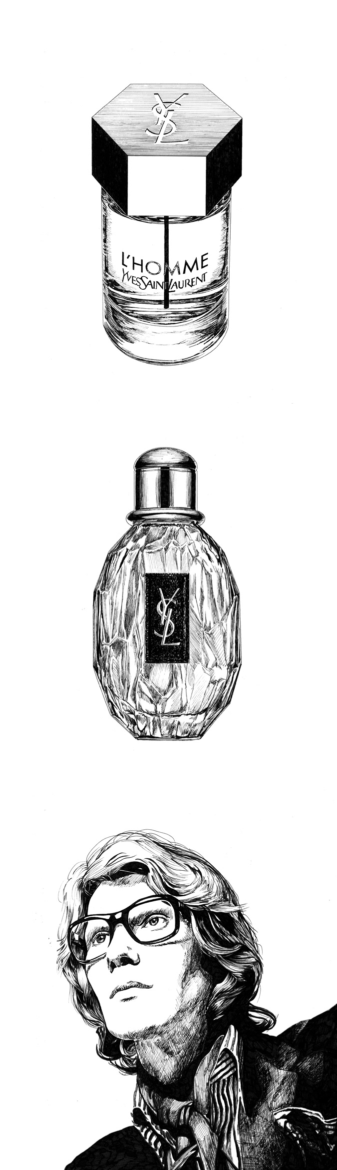 ILLUSTRATION  Drawing  pen ink black White yves saint laurent Paris perfume cosmetics Fashion 
