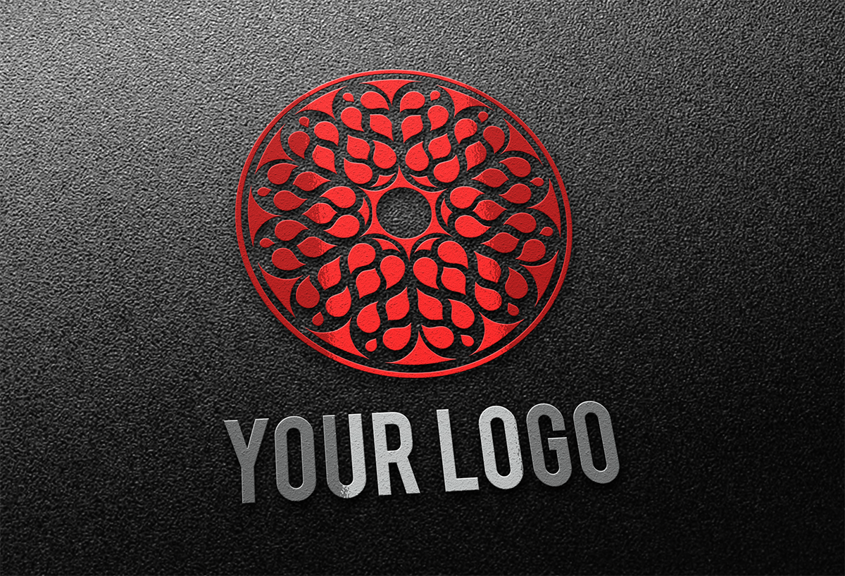 photorealistic logo mock-up wood metal chrome leather paper stiched embossed carved pressed foil