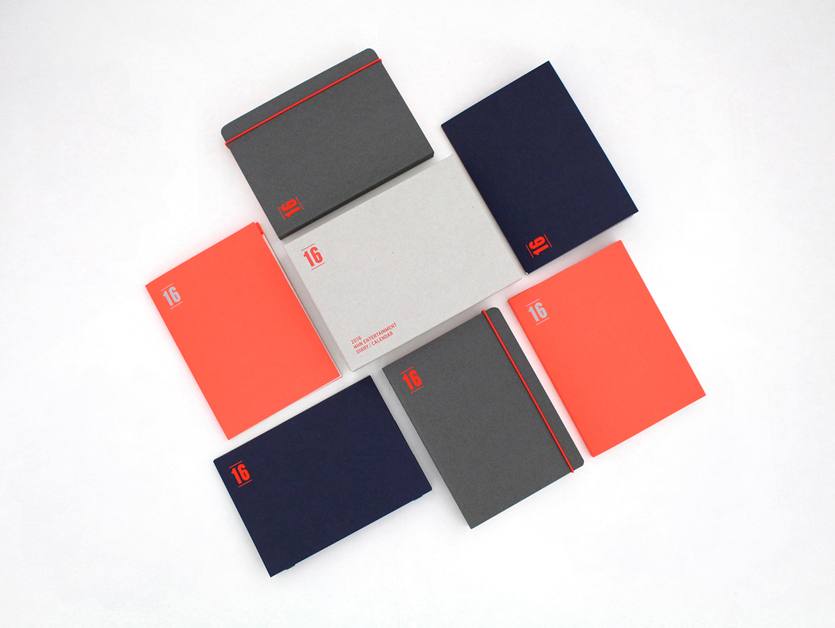 Diary agenda calendar notepad notebook Stationery corporate in-house Technology neon orange gold gray denim black rubber band foil stamp debossed logo