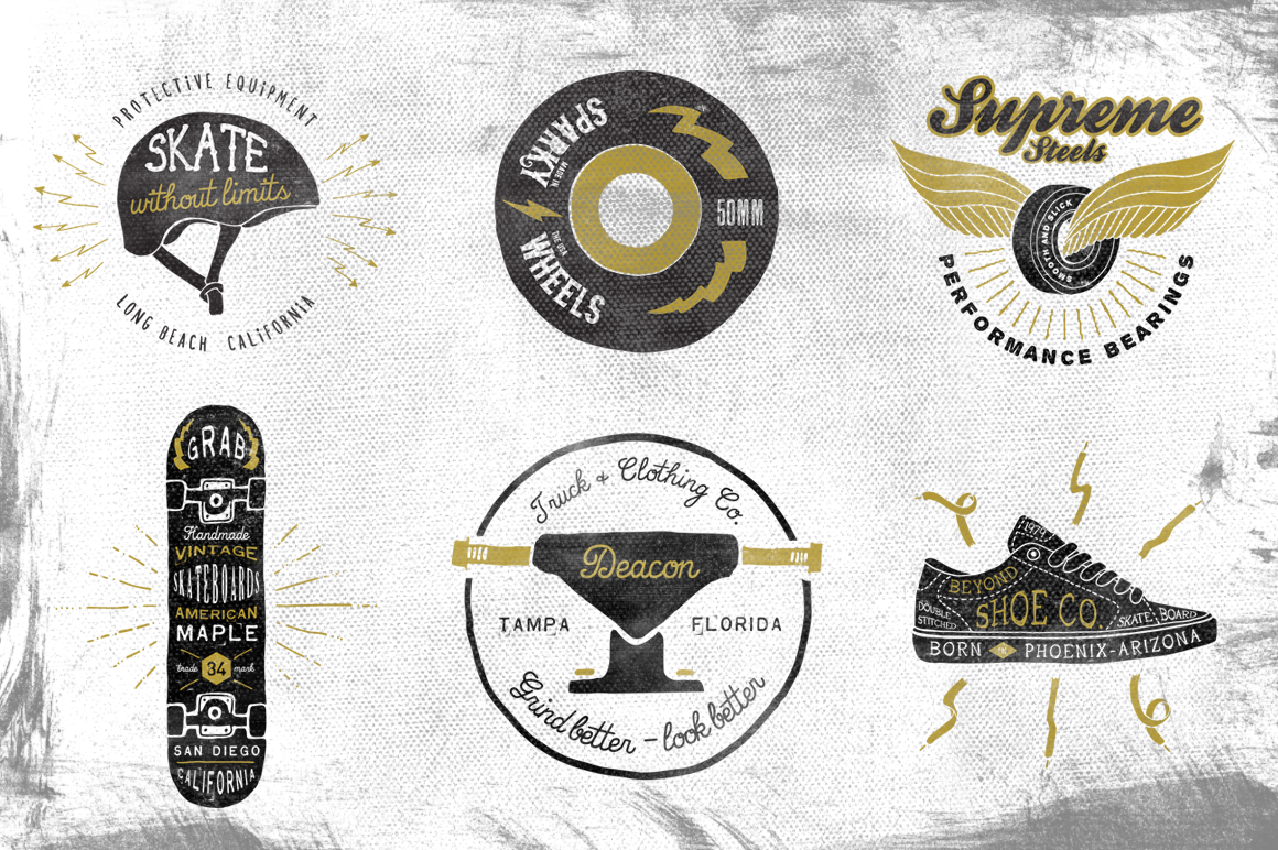 skateboarding vintage Retro Illustrator photoshop templates logos Badges lettering Handlettering