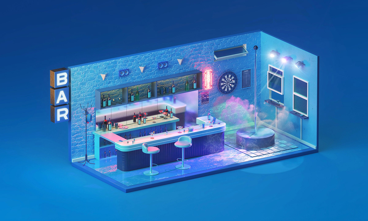 cinema4d octane design 3D set photoshop color hotel bar school