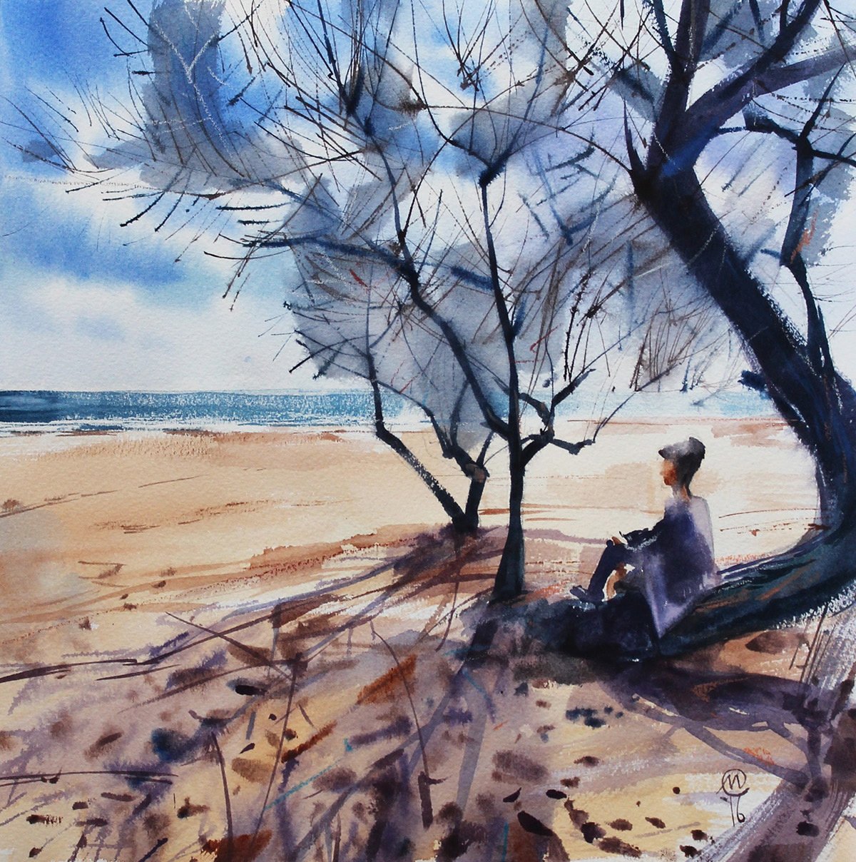 пейзаж море дерево пляж песок девушка тень солнце акварель