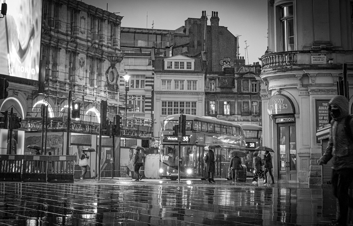 black and white London Picadilly circus rain