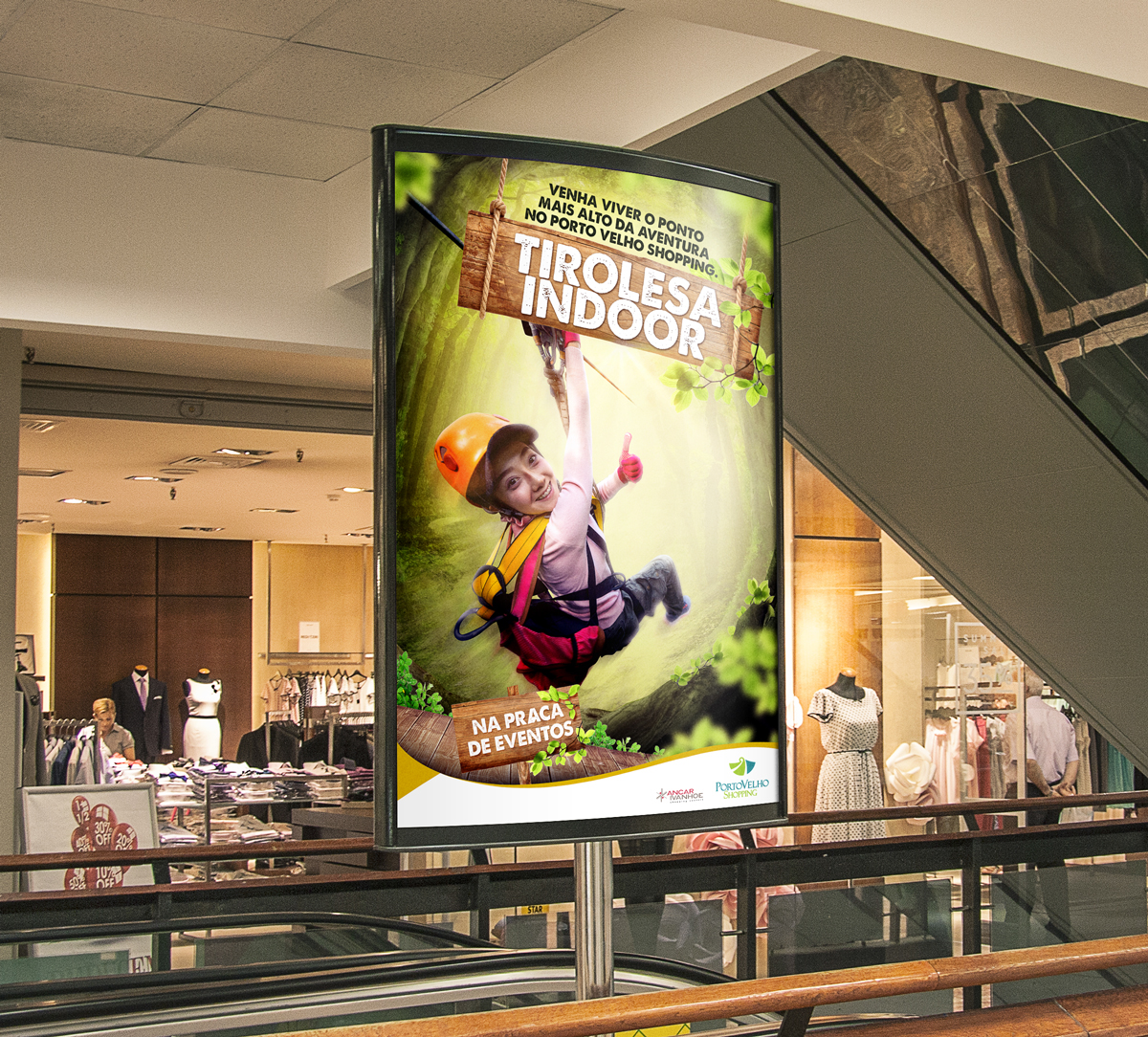 Shopping mall tirolesa sport radical indoor ad cartaz banner manipulation