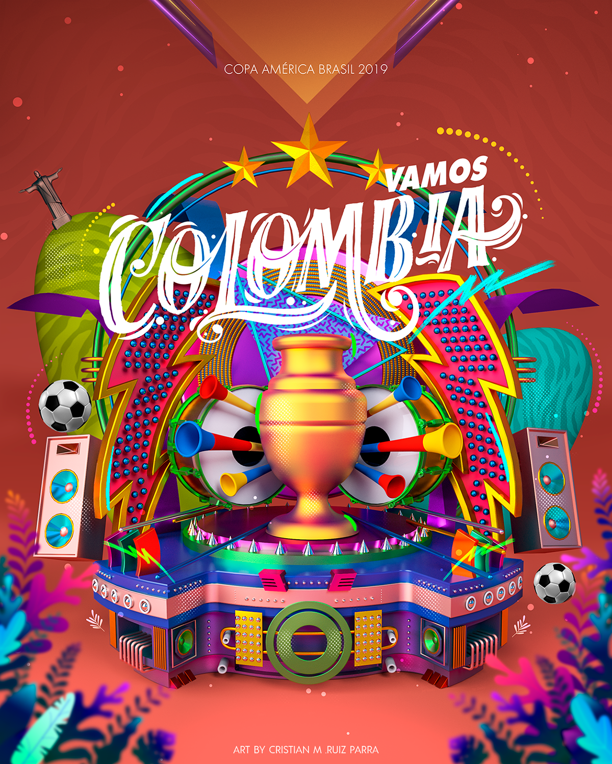 design 3D cinema 4d poster ILLUSTRATION  Brasil colombia soccer colorful Carnaval