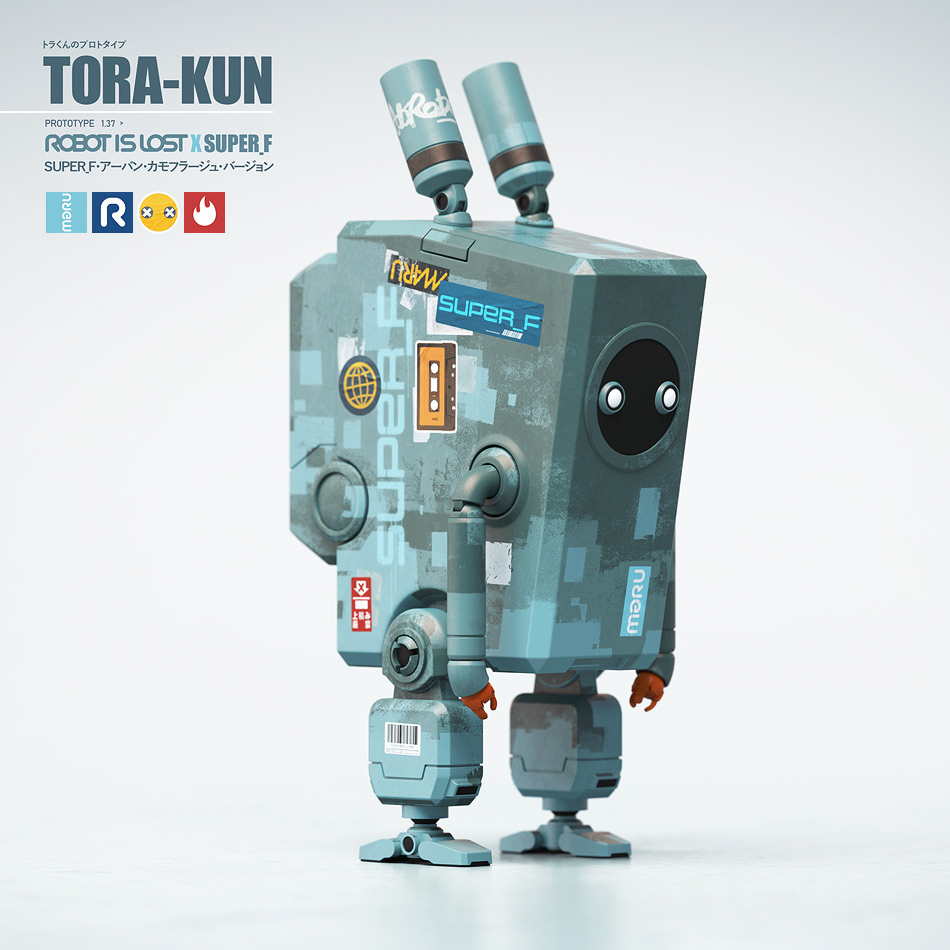 Grey SUPER_F urban camo Tora Kun Art Toy robots by Malcolm Tween for Robot is lost