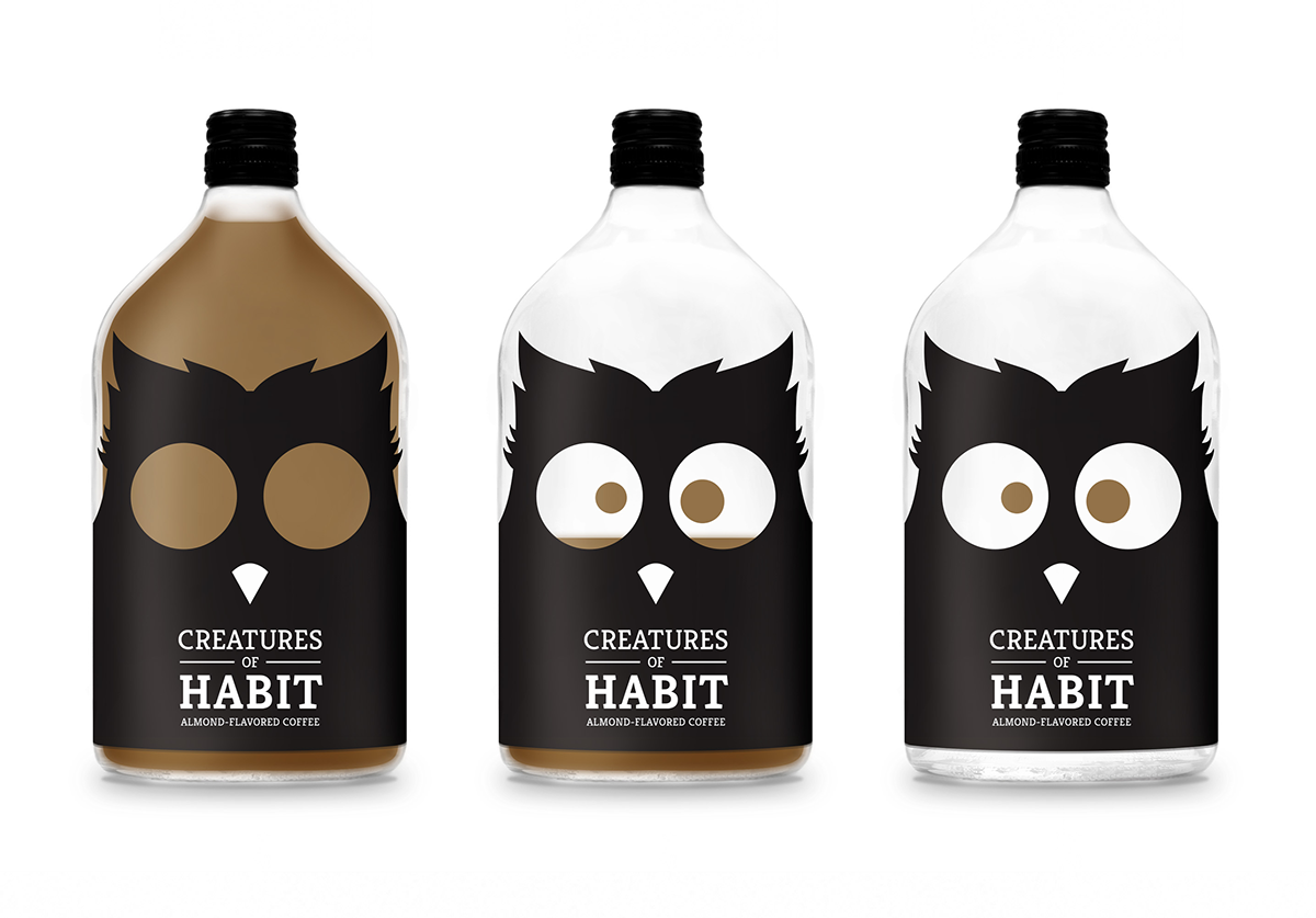 nocturnal creatures Coffee package drink labels bottle Cat owl bat
