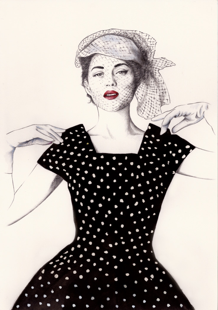 fashion illustration mixed media vintage vintage fashion Dior polkatdot pencil graphite watercolour original illustration