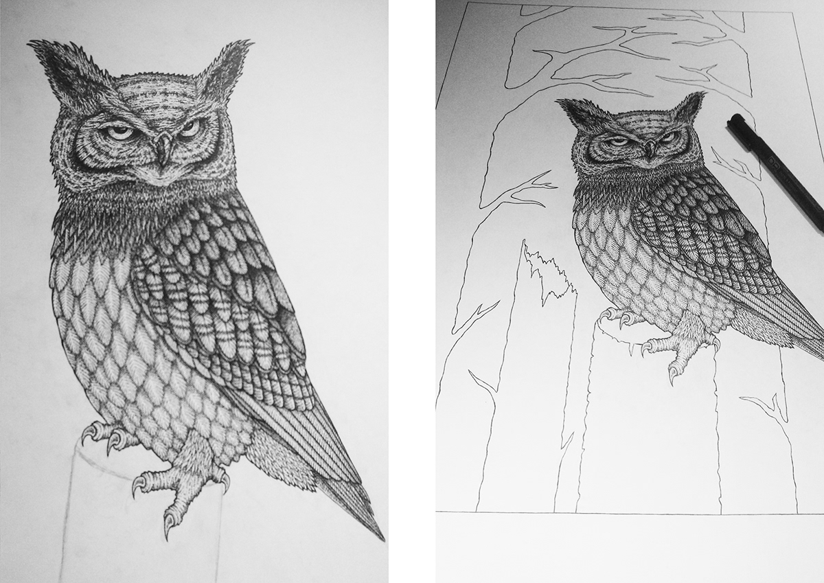 owl ink dots stippling black White art trees a2 feathers