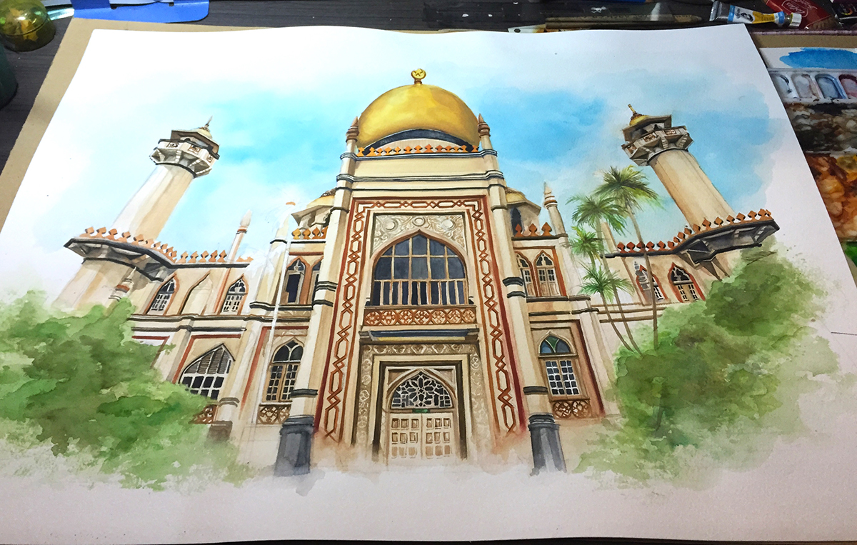 watercolour mosque islam beauty