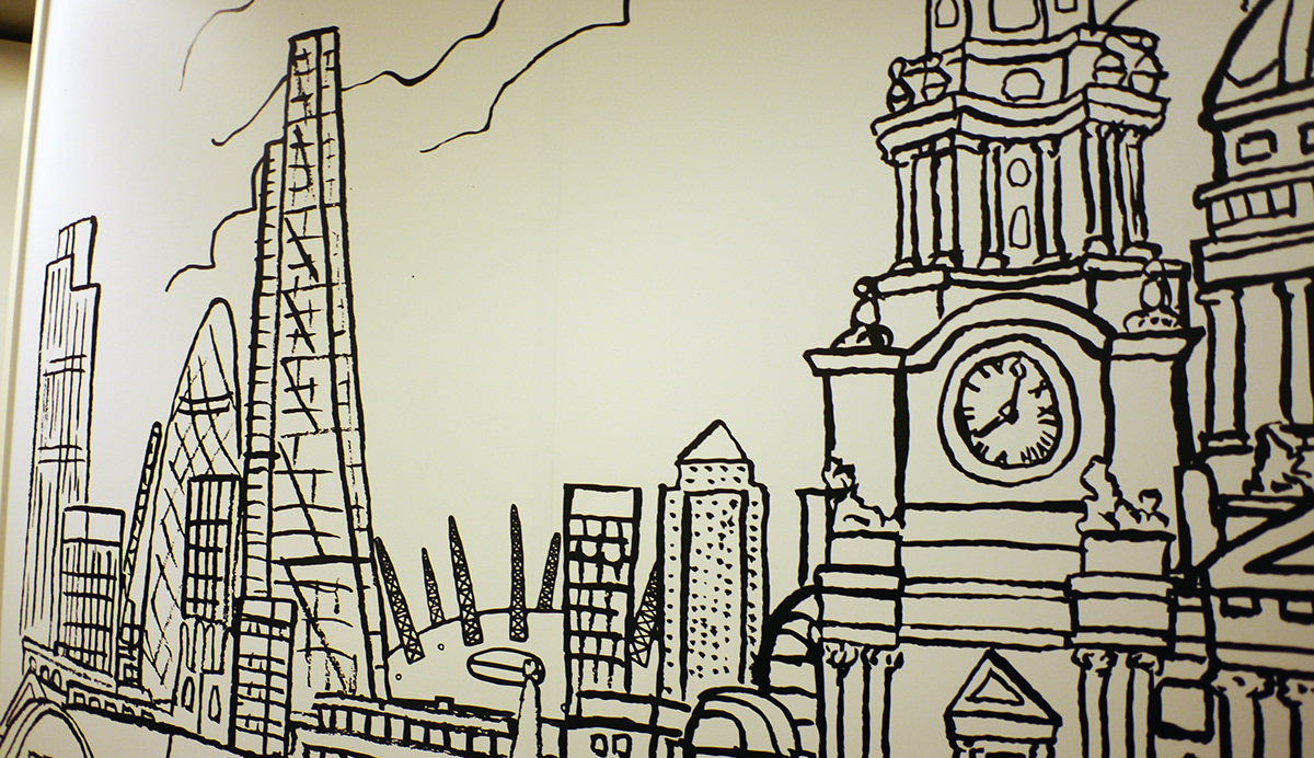 reception drawing reception installation London london drawing  london illustration london theatres west end London West End london skyline hand drawn ink drawn Mural commission