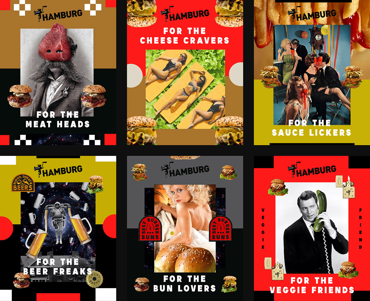 burger restaurant Rotterdam Advertising  poster collage food porn identity menu Brutalism