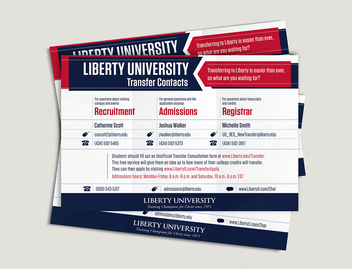 flyer liberty university college contact information red blue brand print clean