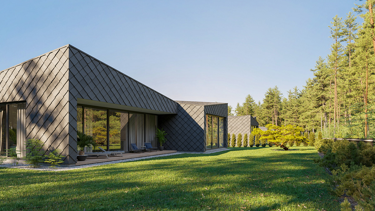 architecture archviz CGI exterior forest houses modern Nature Render summer
