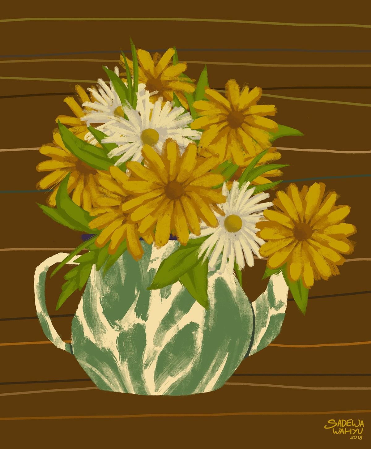 teapot flower painting   ILLUSTRATION  vintage Retro stilllife yellow bloom pattern