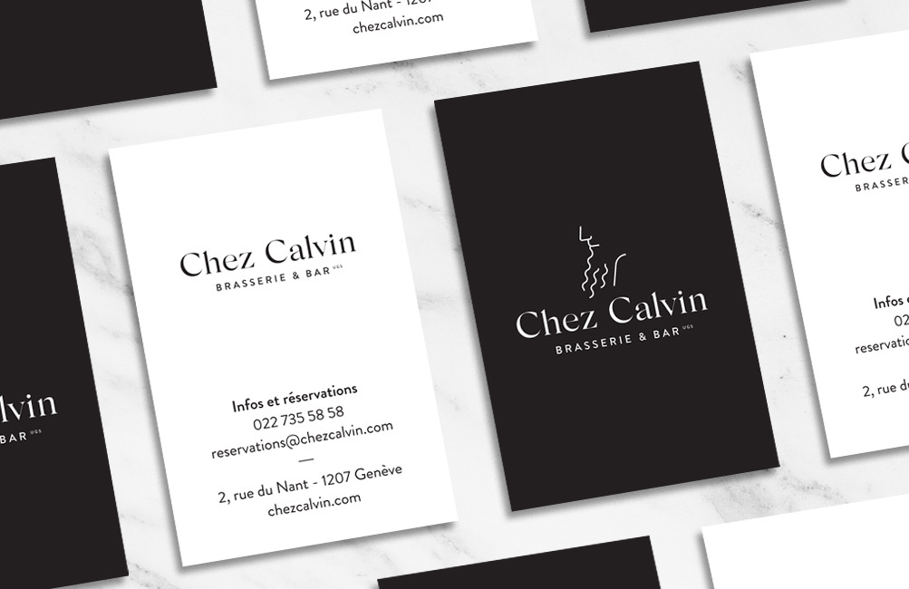 visual identity restaurant brasserie Jean Calvin bar black & white pictogram business card Calvin identity