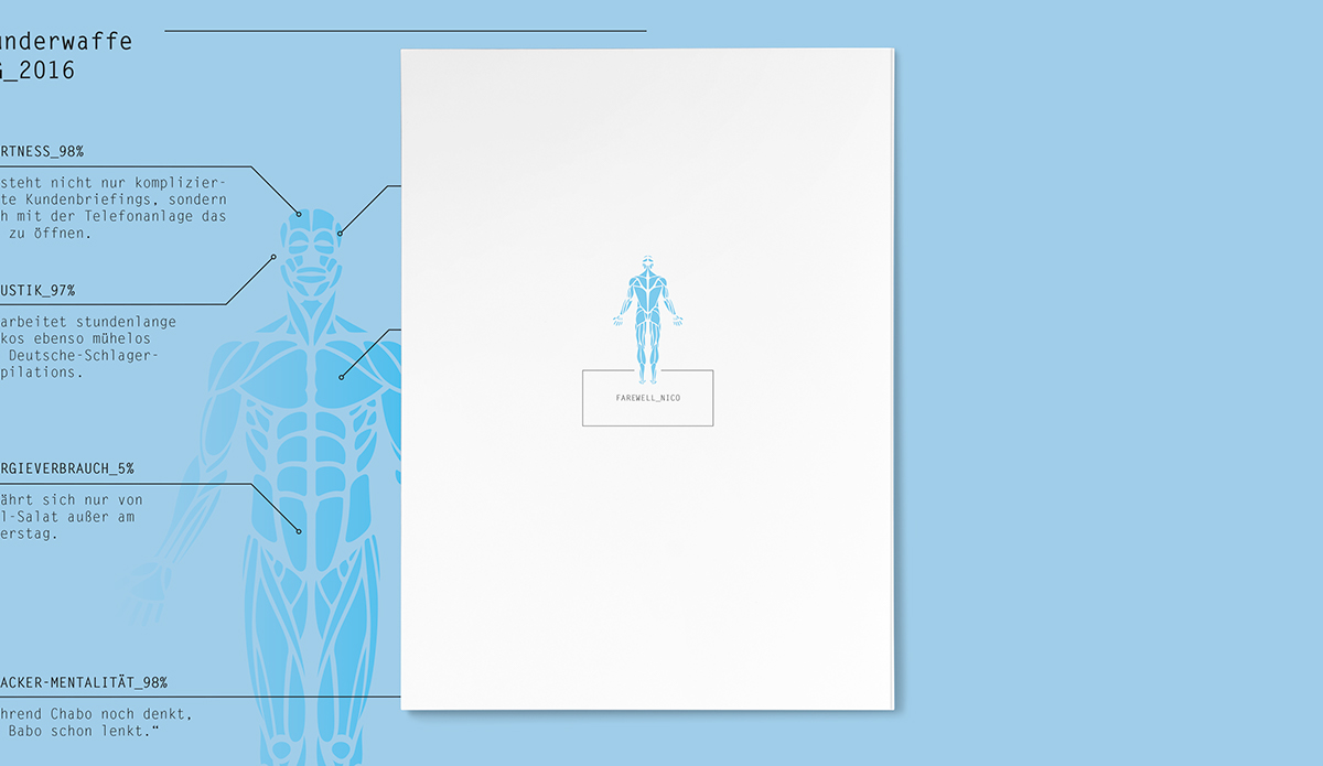 farewell card Human Body muscles clean slick letter gothic cyan terminator future