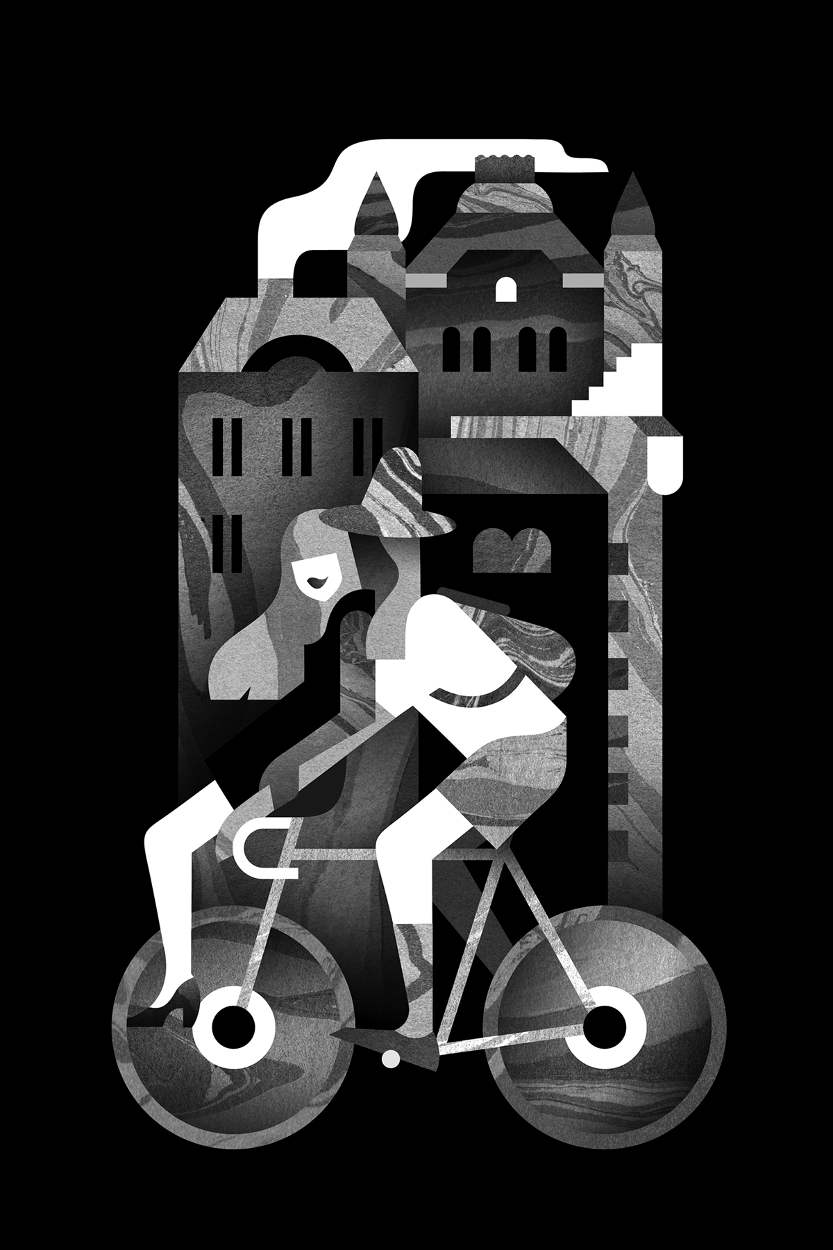 biking Marble blackandwhite geometric Cycling Bicycle city builings postcard