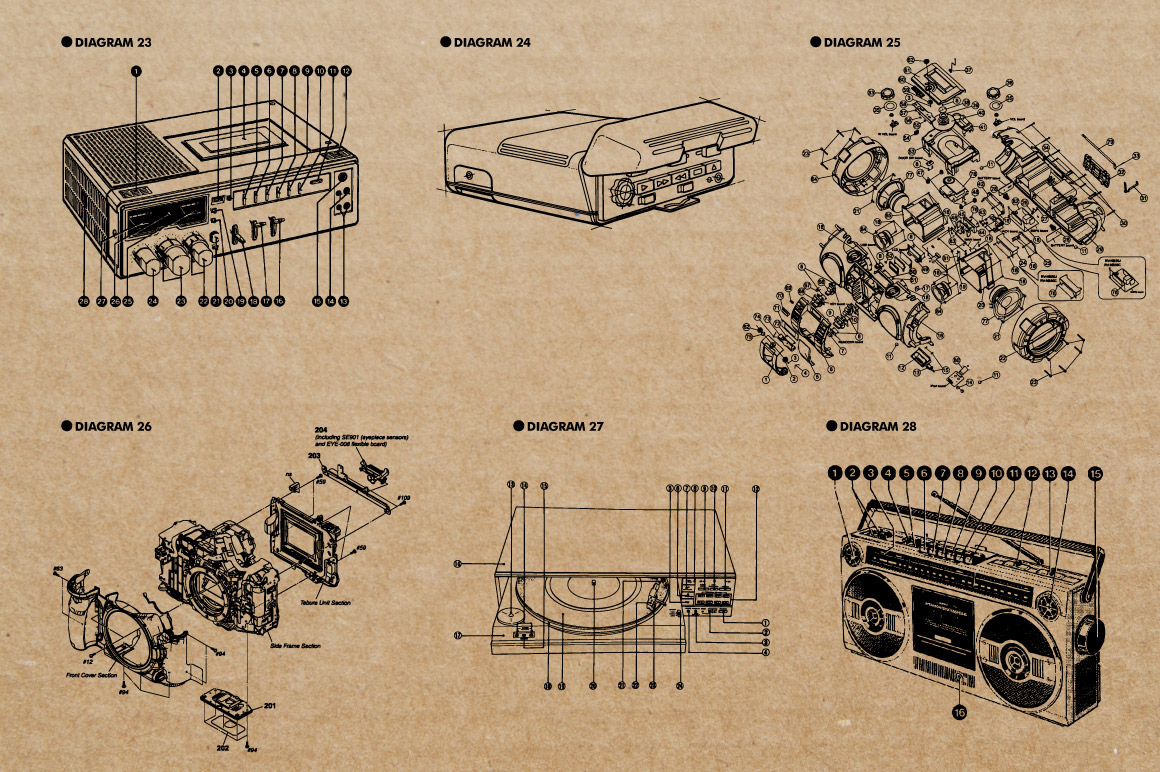 Retro vintage diagrams exploded technical manual instructions products tapes cassettes Audio Visual record player camera lense