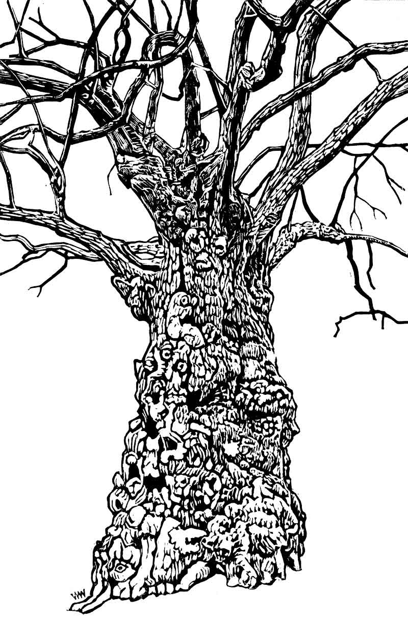 charcoal english countryside Green man linocut print pen and ink printmaking trees Watercolours foliate head