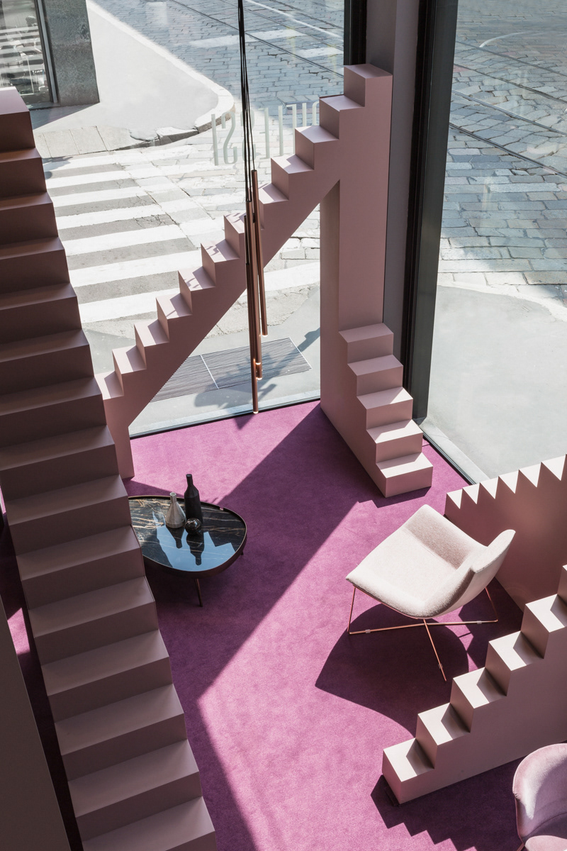 riflessi showroom fuori salone milan pink stairs design furniture