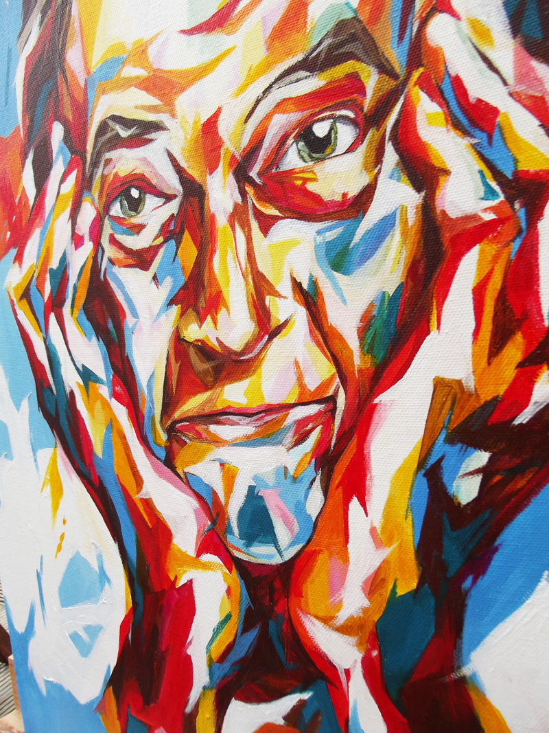 Paul smith Portraiture Competition colour acrylic bright bold London layers paint canvas portrait gift face eyes